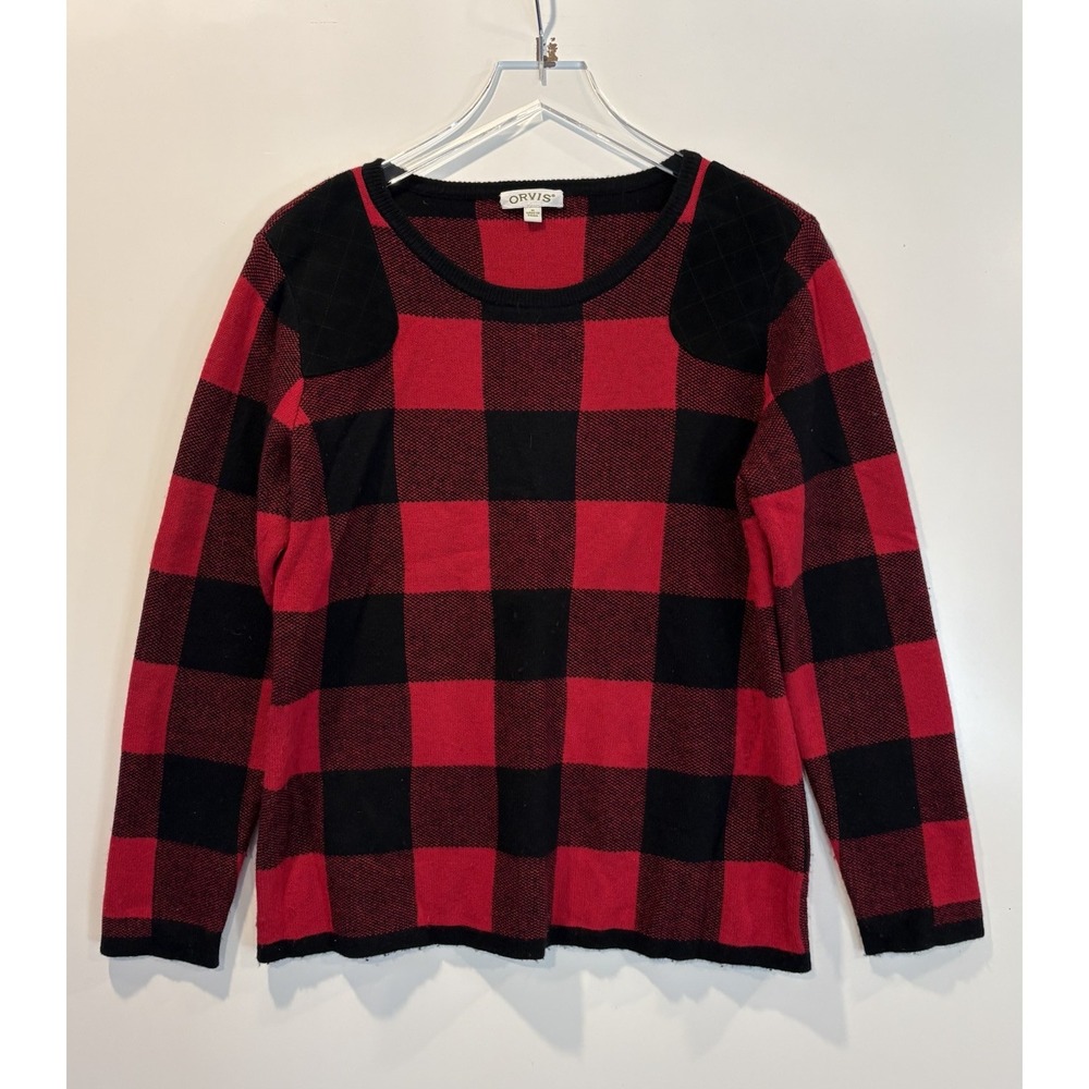 Orvis Womens Red Black Buffalo Plaid Wool Cashmere Sweater Leather Patches M